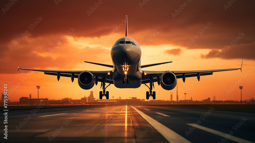 A large jetliner taking off from an airport runway at sunset or dawn with the landing gear down and the landing gear down, as the plane is about to take off. A large jetliner taking off from an airport runway at sunset or dawn with the landing gear down and the landing gear down, as the plane is about to take off.