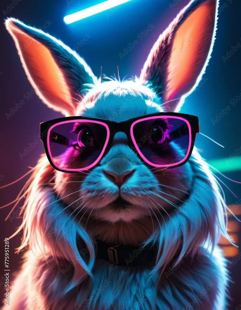 An artistic representation of a bunny with pink glasses, illuminated by neon lights, showcasing a fusion of wildlife and urban tech aesthetics