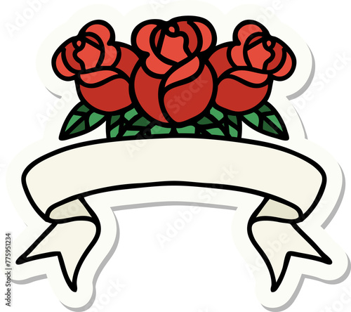 tattoo style sticker with banner of a bouquet of flowers