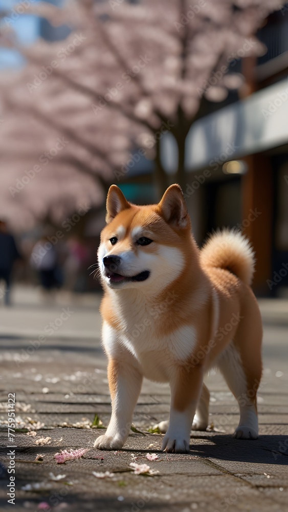  happy shiba inu dog sitting on a paved path surrounded by blooming cherry blossom trees