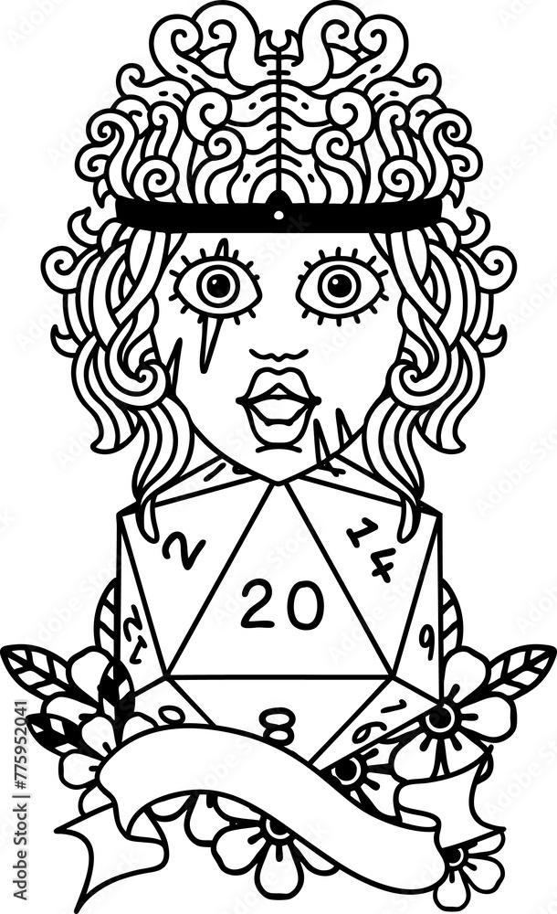 Black and White Tattoo linework Style human barbarian with natural 20 dice roll Black and White Tattoo linework Style human barbarian with natural 20 dice roll