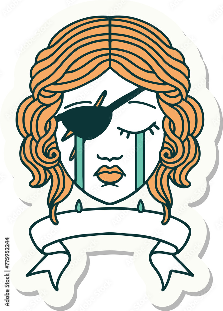 sticker of a crying human rogue with banner sticker of a crying human rogue with banner