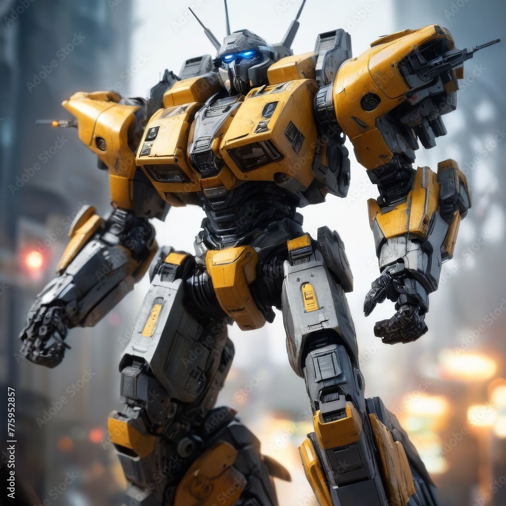 A towering yellow mech stands vigilant in an urban setting, a futuristic blend of robotics and city life