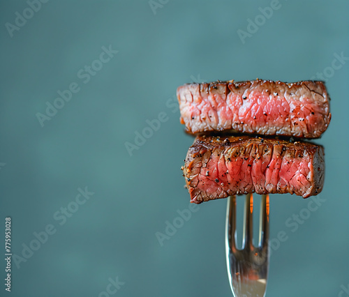 Food concept. Two bite size perfectly raw mid cooked steak fillet on fork on pink background, close up	