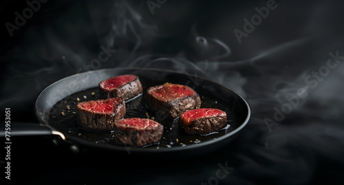 Food concept. Pieces of raw steak beef fillet sear cook grill on greasy frying pan with smoke heat on dark smoky background, close up	