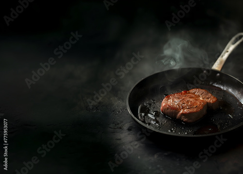 Food concept. A piece of steak beef fillet sear cook grill on greasy frying pan with smoke heat on dark smoky background, close up	