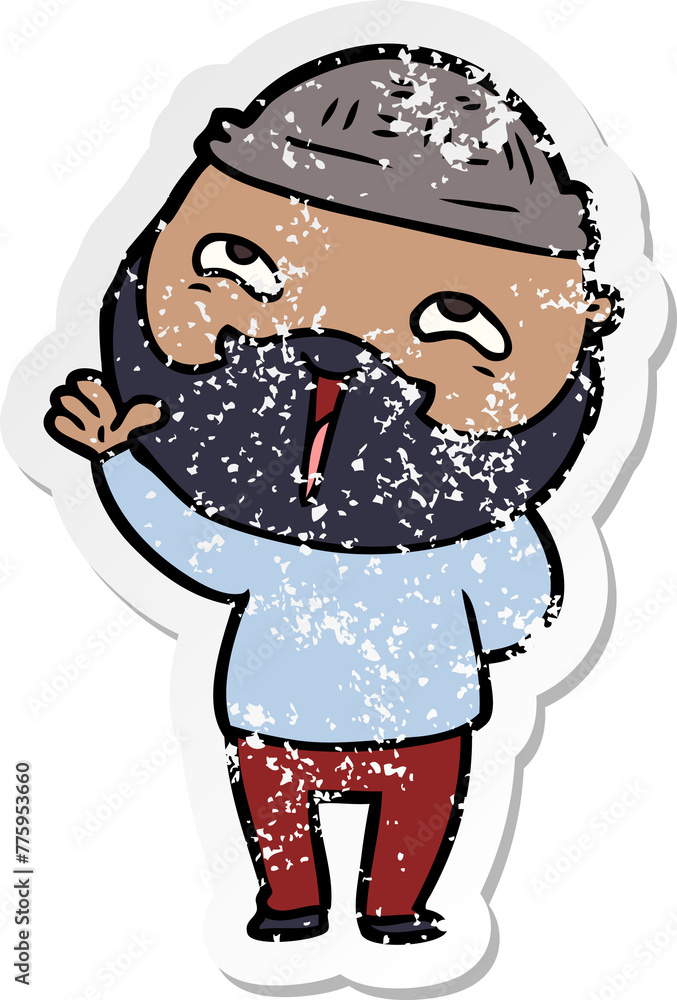 distressed sticker of a cartoon happy bearded man