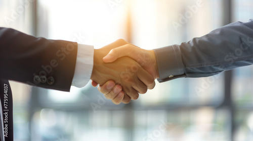 Successful collaboration, A handshake between business partners, bright and clean office background