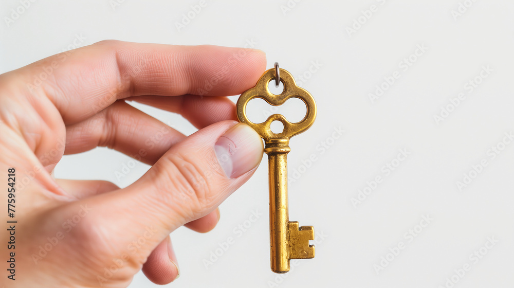 A person holding a golden key symbolizing success, bright white background A person holding a golden key symbolizing success, bright white background