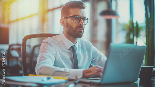 A businessman at his desk with a laptop, looking satisfied, Concept for reaching goals