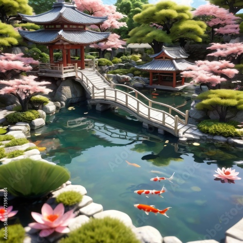 A tranquil Japanese garden with cherry blossoms, an arched bridge, and koi fish, encapsulating a peaceful, Zen-like atmosphere perfect for relaxation themes.