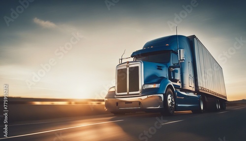 A sleek blue semi-truck speeds along a highway, blurred with motion, under a vibrant sunrise.