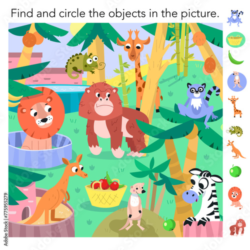Find hidden objects. Game for kids. Color scene with animals in zoo. Funny cartoon characters. Vector Illustration for book, design, posters, puzzle, games.
