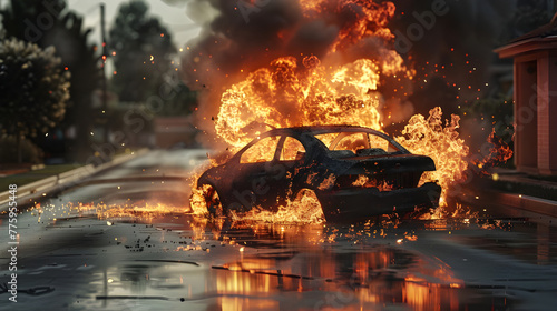 Intense drama as flames consume car in suburban street - Ai Generated