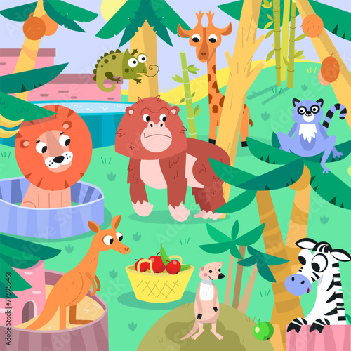 Fototapeta Naklejka Na Ścianę i Meble -  Children color scene with animals in zoo. Color Funny cartoon characters. Vector Illustration for book, design, posters, puzzle, games.