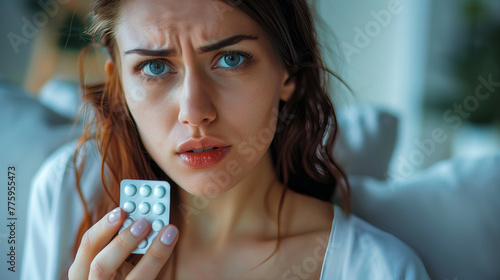 A woman holding a blister pack of medication, looking concerned