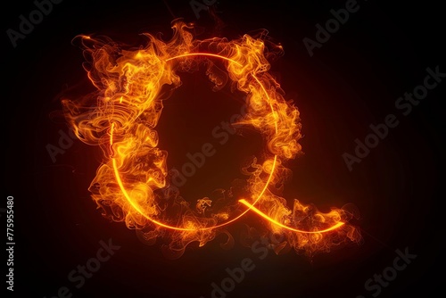 Q letter formed by neon orange vapor on black background, 3D illustration