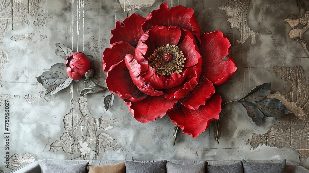 Obraz premium Red decorative volumetric peony flower on the background of a decorative wall.