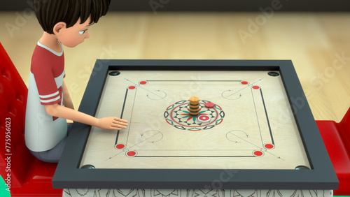 Boy playing carrom board 3d illustration