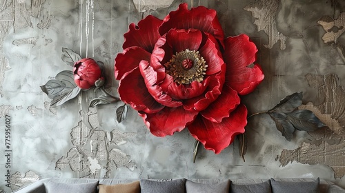 Red decorative volumetric peony flower on the background of a decorative wall. © MiaStendal