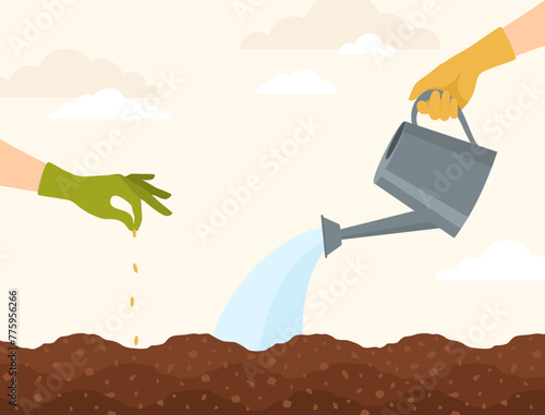 Hands in rubber gloves planting seeds in the soil and watering it from a watering can. Flat vector illustration