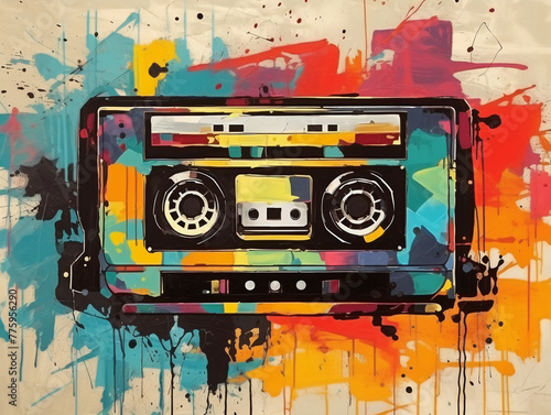 Art painting, music cassette in the style of pop art. Abstract retro background 