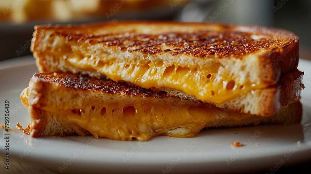 Close-Up View of Delicious Grilled Cheese Sandwich with Melting Cheddar on White Plate Close-Up View of Delicious Grilled Cheese Sandwich with Melting Cheddar on White Plate