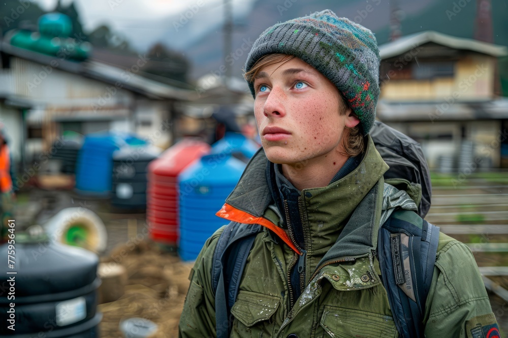 Young Adventurous Male Traveler Exploring Rustic Village with Backpack, Intense Gaze into the Distance Amidst Mountainous Landscape Young Adventurous Male Traveler Exploring Rustic Village with Backpack, Intense Gaze into the Distance Amidst Mountainous Landscape