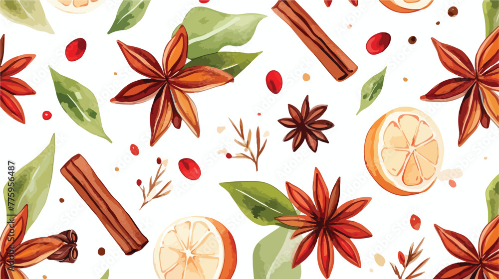Seamless watercolor pattern with allspice on the wh - obrazy, fototapety, plakaty 