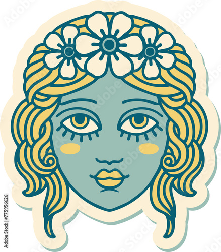 sticker of tattoo in traditional style of female face with crown of flowers