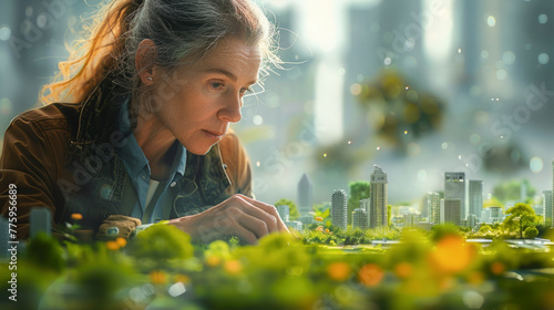 City planner or scientists around a model of a green city, featuring urban forests and green roofs, highlighting conservation in urban planning. photo