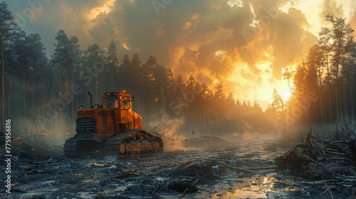 Heavy machinery in action, cutting through dense forest, with the stark contrast of untouched and deforested areas highlighting environmental destruction