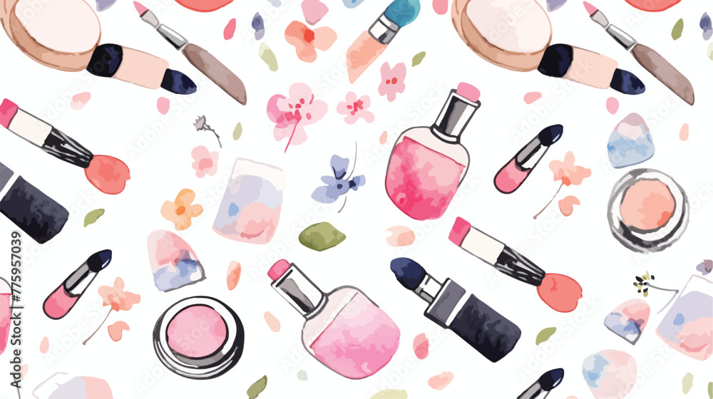 Seamless watercolor pattern with beauty items on th