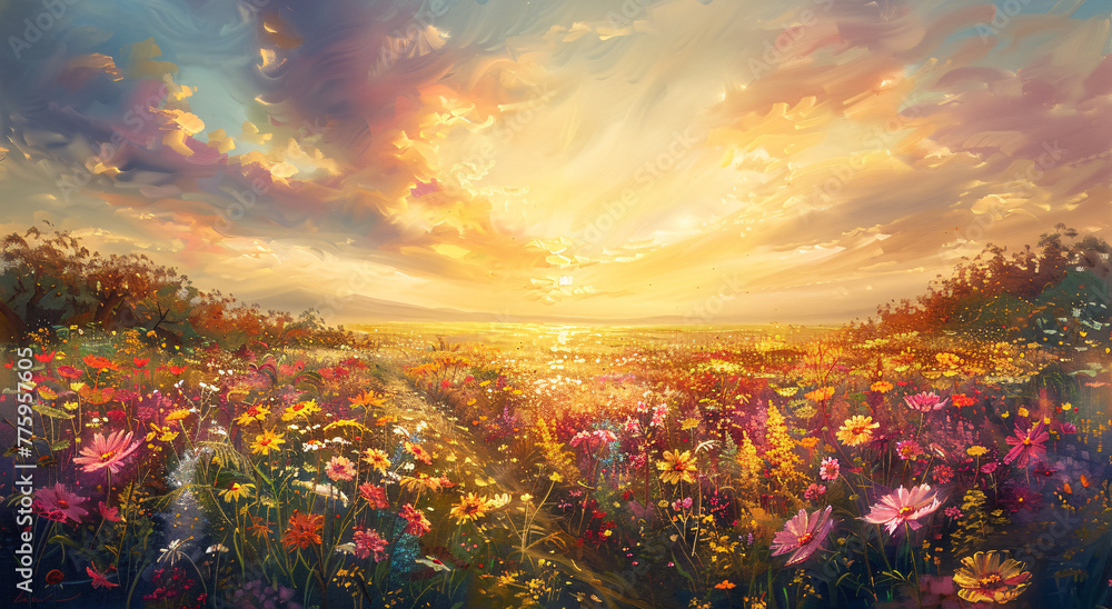 Sunset cascading over a wildflower meadow, executed in an impressionist style, dynamic sky reflects the sun with warm oranges and cool blues - obrazy, fototapety, plakaty 