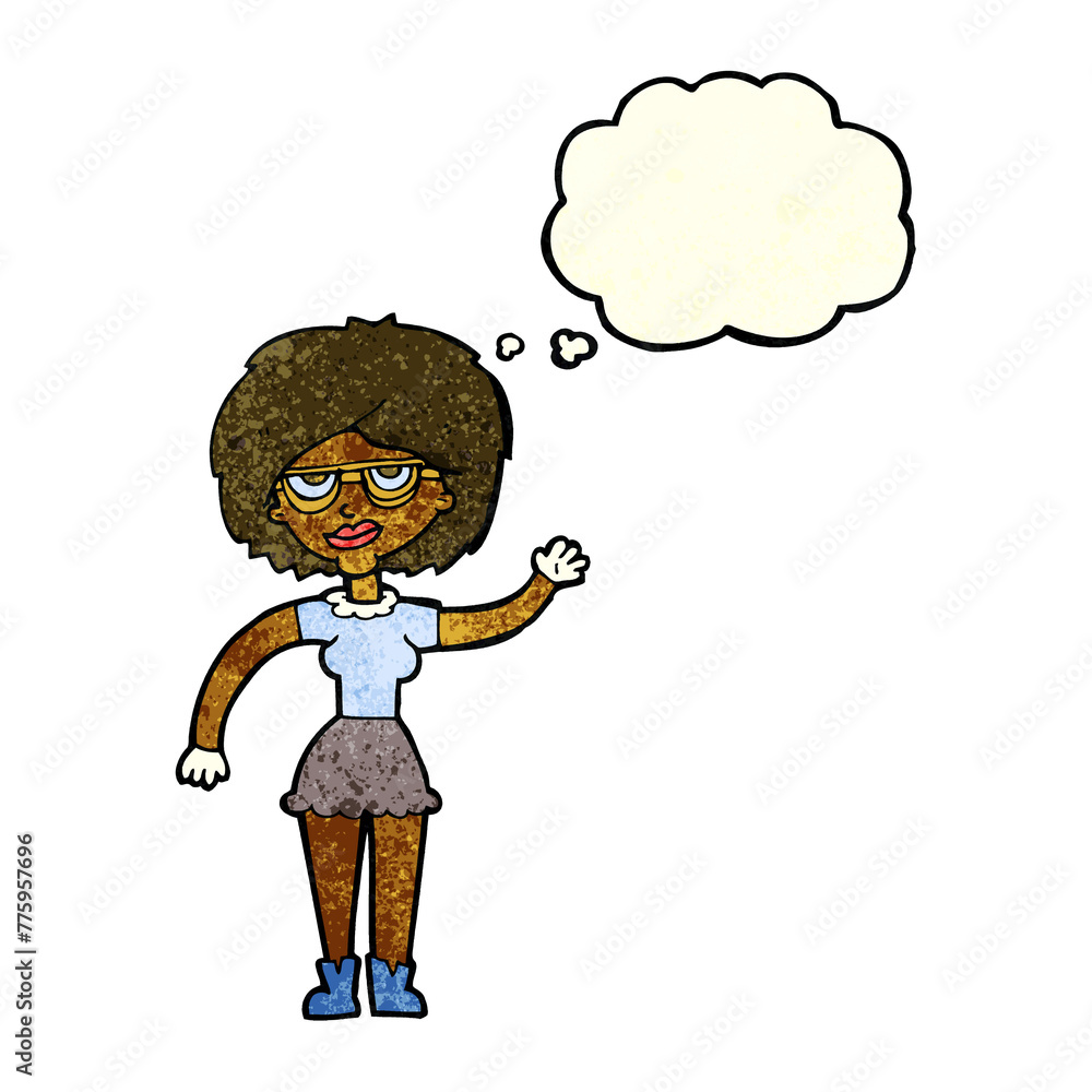 cartoon waving woman wearing spectacles with thought bubble cartoon waving woman wearing spectacles with thought bubble