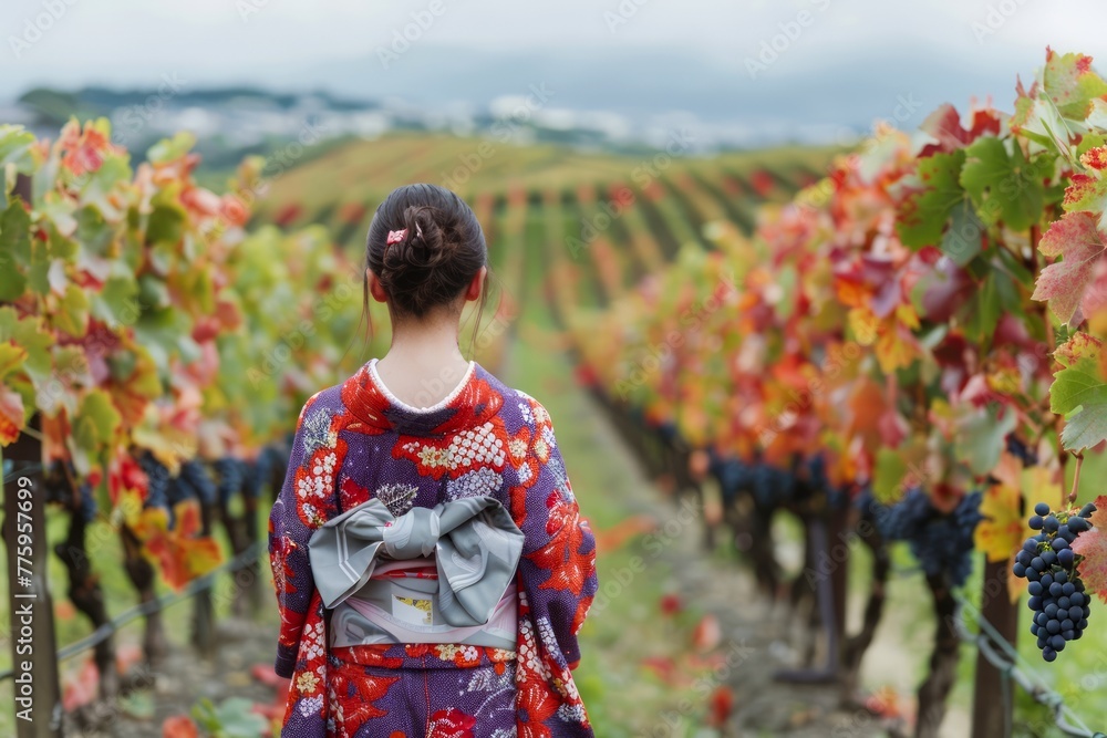 Woman in Colorful Dress Enjoying the Scenic View of Vineyard Rows in Autumn Season Woman in Colorful Dress Enjoying the Scenic View of Vineyard Rows in Autumn Season