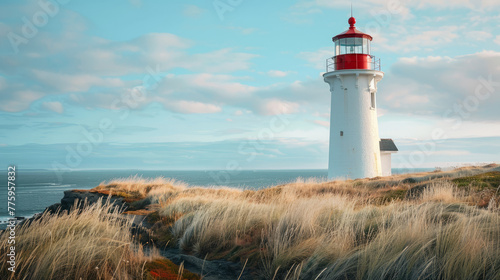 Pristine white lighthouse stands guard on the coast  overlooking the sea and surrounded by wild windswept grasses Symbolizes guidance and safety