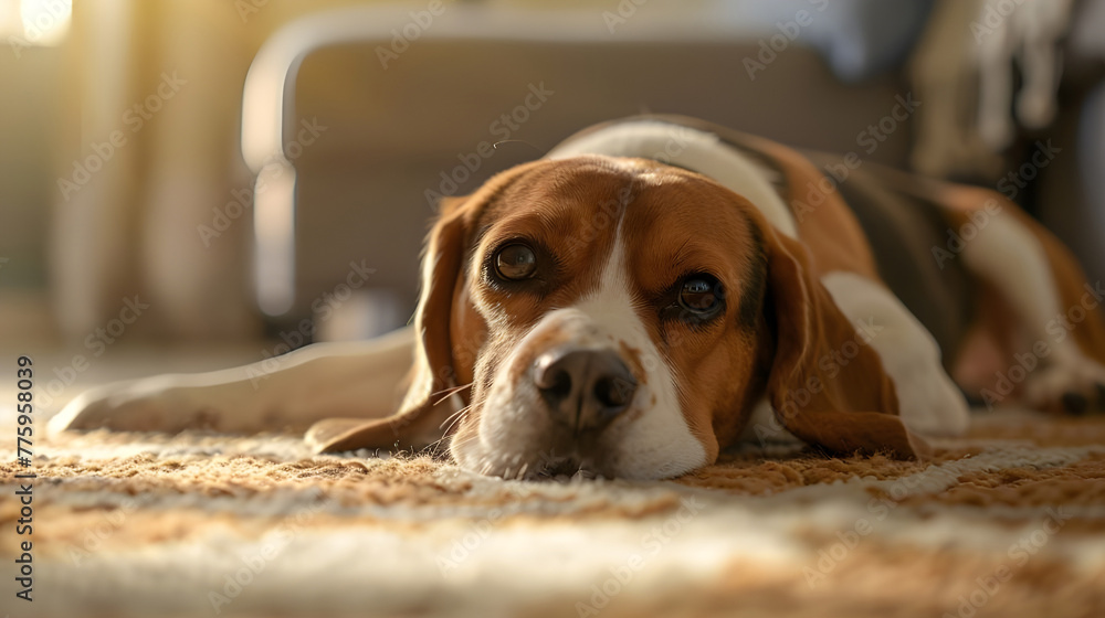Interior shot of Serious Beagle lying - Ai Generated