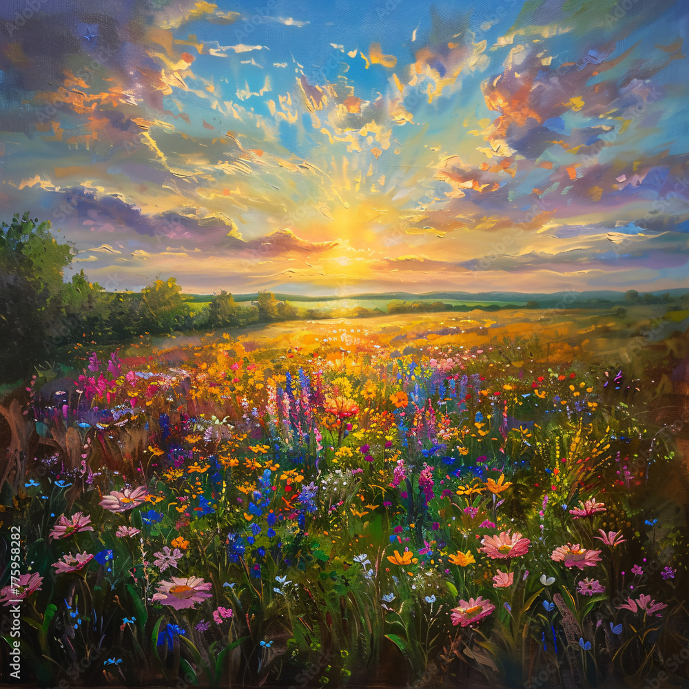 Sunset cascading over a wildflower meadow, executed in an impressionist style, dynamic sky reflects the sun with warm oranges and cool blues Sunset cascading over a wildflower meadow, executed in an impressionist style, dynamic sky reflects the sun with warm oranges and cool blues