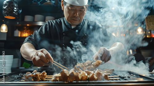 Japanese Chef is grilling chicken with smoke - Ai Generated