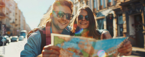 Young couple with map in the city. Traveling and tourism concept.
