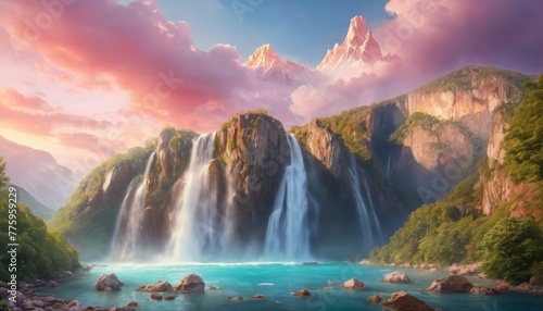 A captivating landscape painting featuring towering waterfalls cascading into a serene turquoise lagoon, framed by lush foliage and pink skies