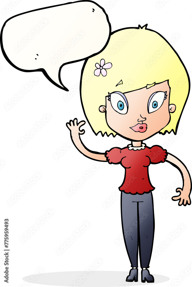 cartoon pretty woman waving with speech bubble cartoon pretty woman waving with speech bubble