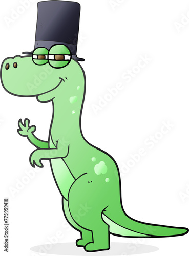 freehand drawn cartoon dinosaur wearing top hat