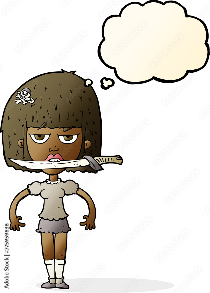 cartoon woman with knife between teeth with thought bubble cartoon woman with knife between teeth with thought bubble