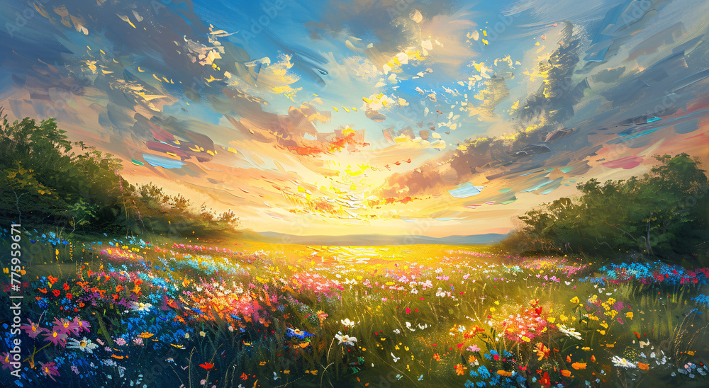 Sunset cascading over a wildflower meadow, executed in an impressionist style, dynamic sky reflects the sun with warm oranges and cool blues - obrazy, fototapety, plakaty 