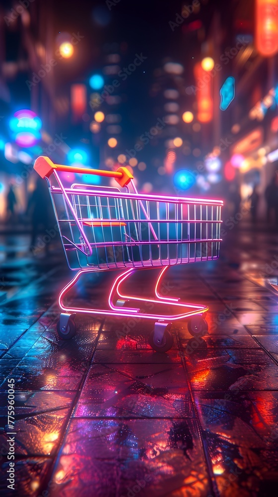 Neon Lit Shopping Cart Beacon Illuminating a Bustling City Street at Night Neon Lit Shopping Cart Beacon Illuminating a Bustling City Street at Night