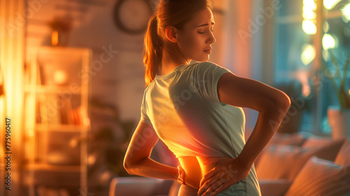 Back pain, A woman massaging her lower back with a pained expression © Graphic Master