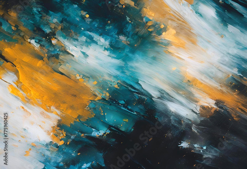 Une peinture abstraite de couleur bleue, orange et blanche  © JBN