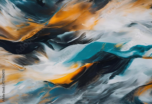 Une peinture abstraite de couleur bleue, orange et blanche 